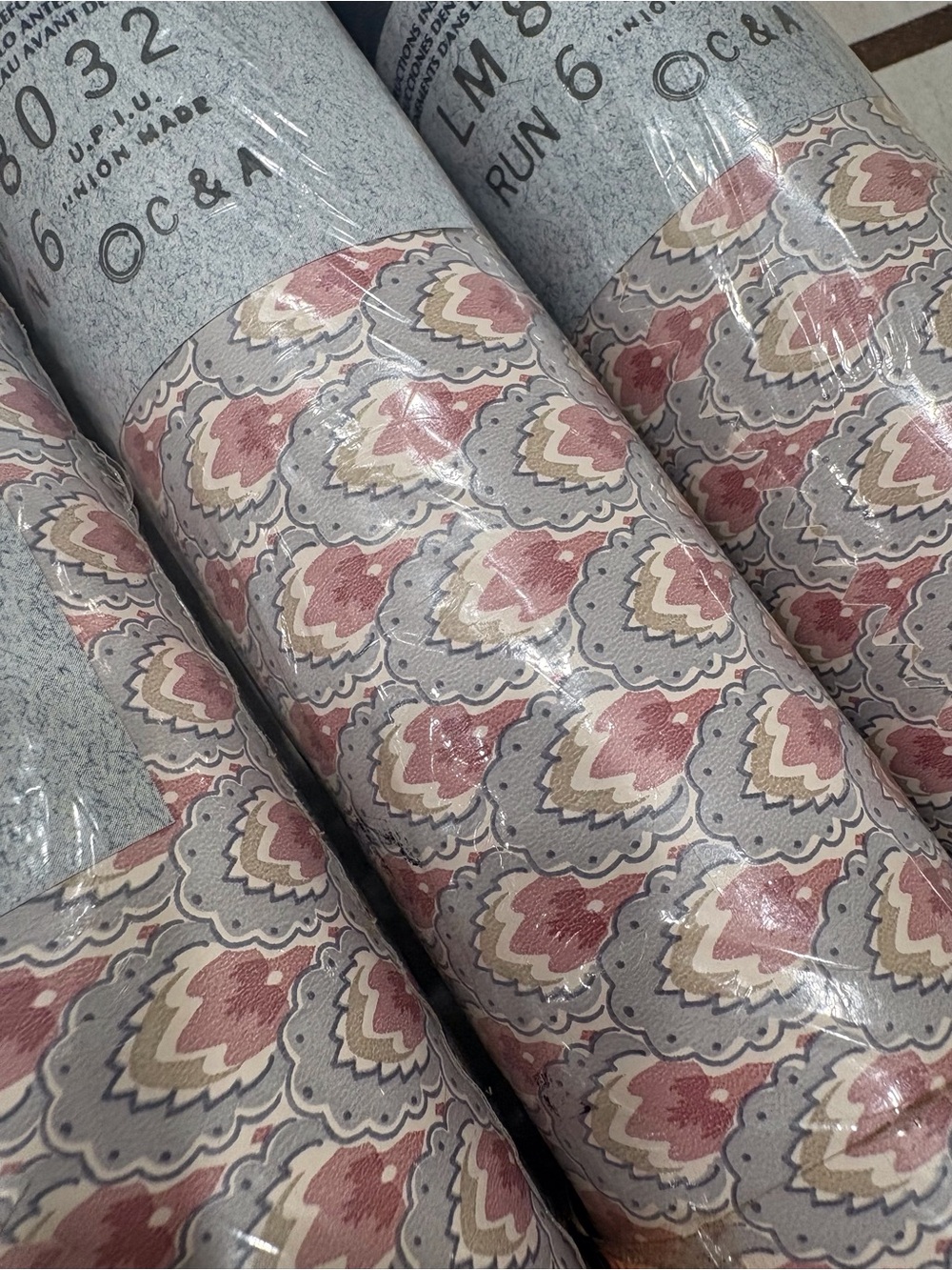 (3) Vintage C & A Pink Gray Paisley Floral Vinyl Wallpaper Roll Sealed LM8032